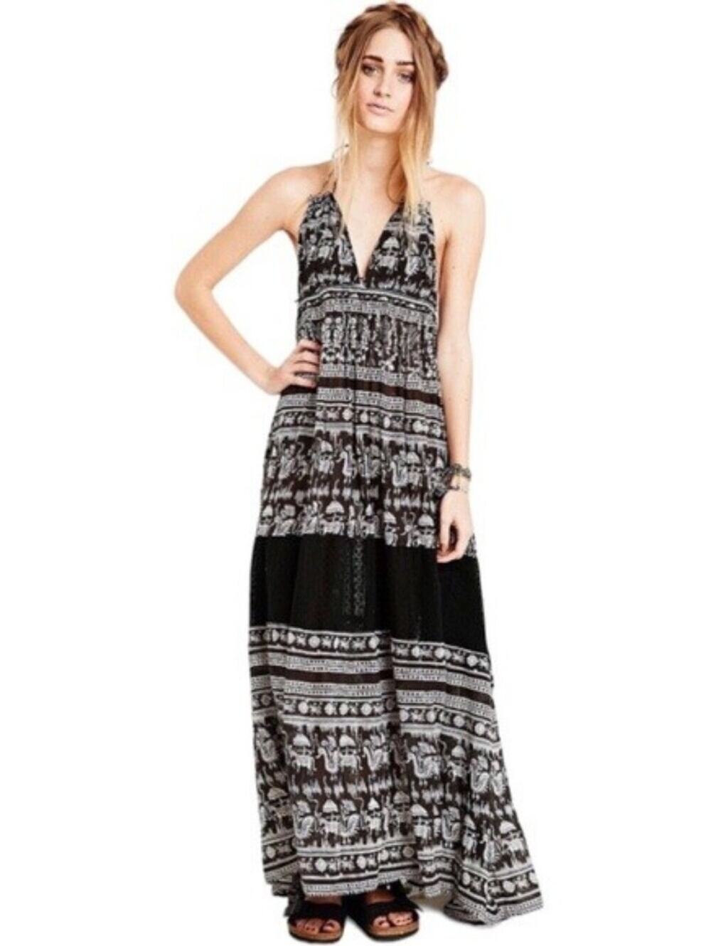 Free People Bohemian Black & White Halter Maxi Dress